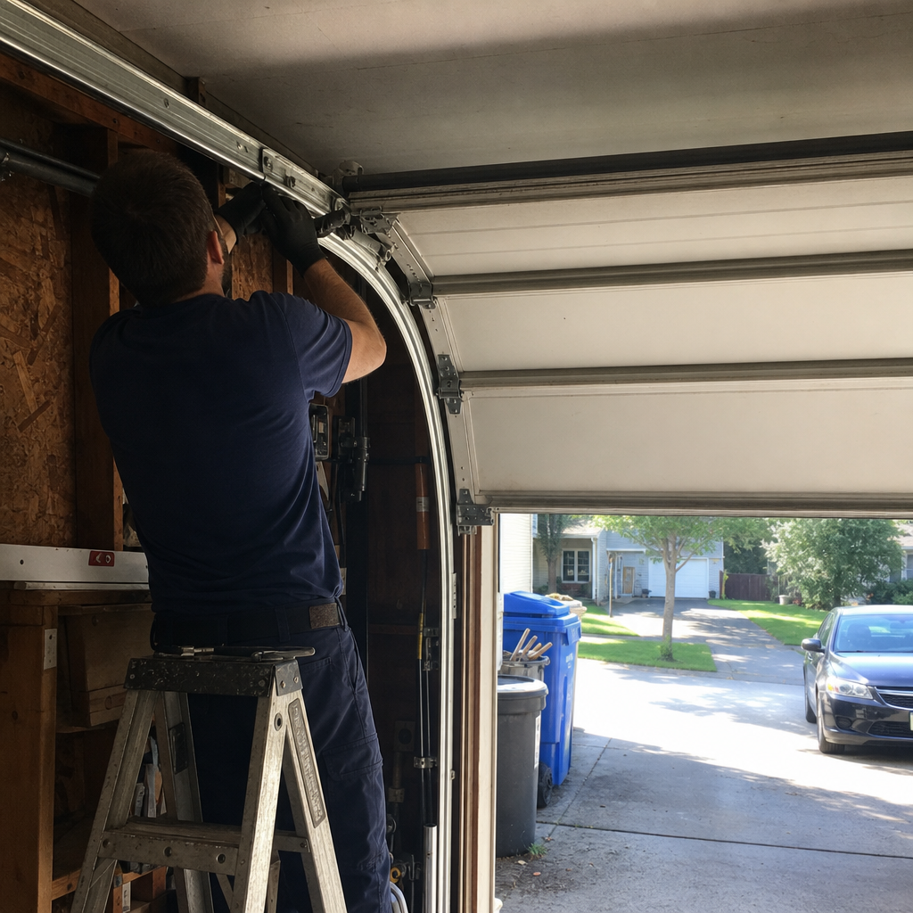 Technician performing emergency garage door repair services.