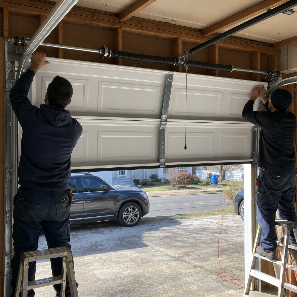 Two technicians installing a new residential garage door