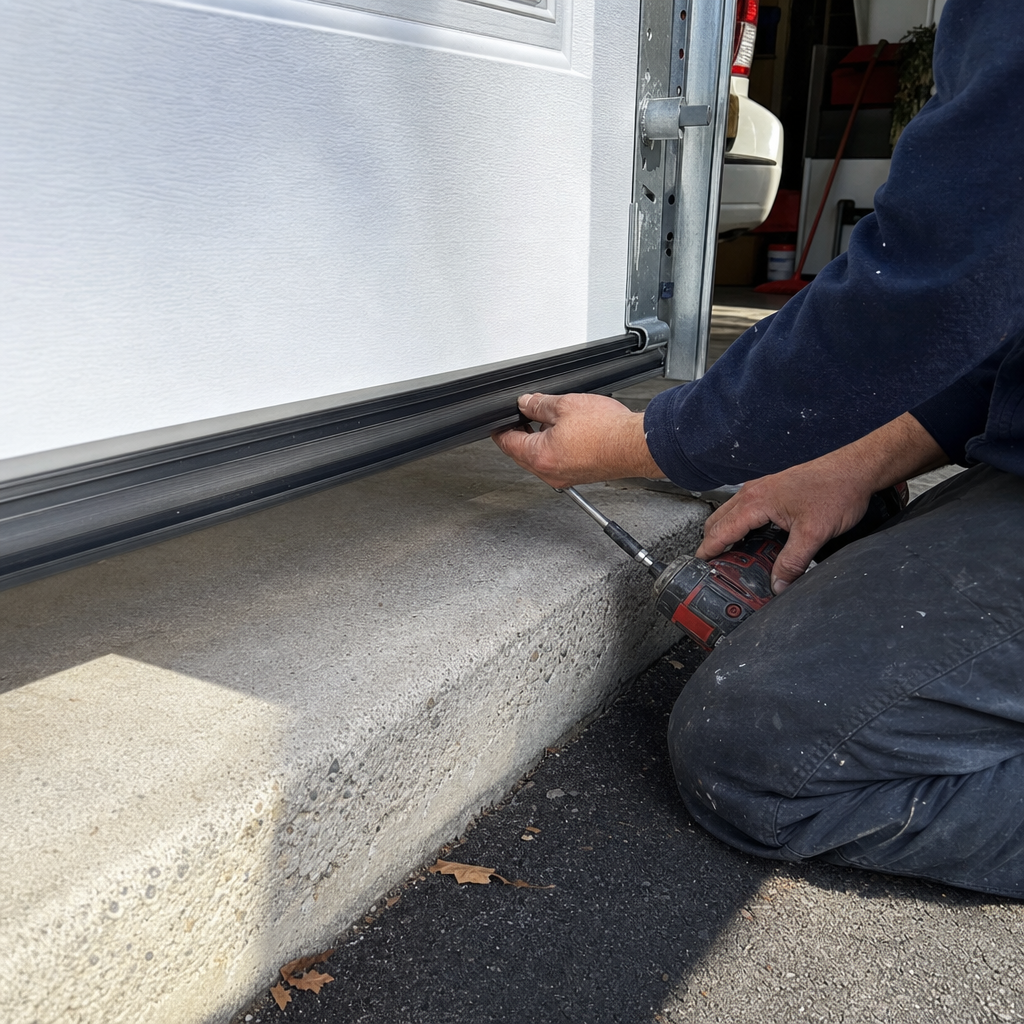 Technician using a drill to install garage door bottom weather seal