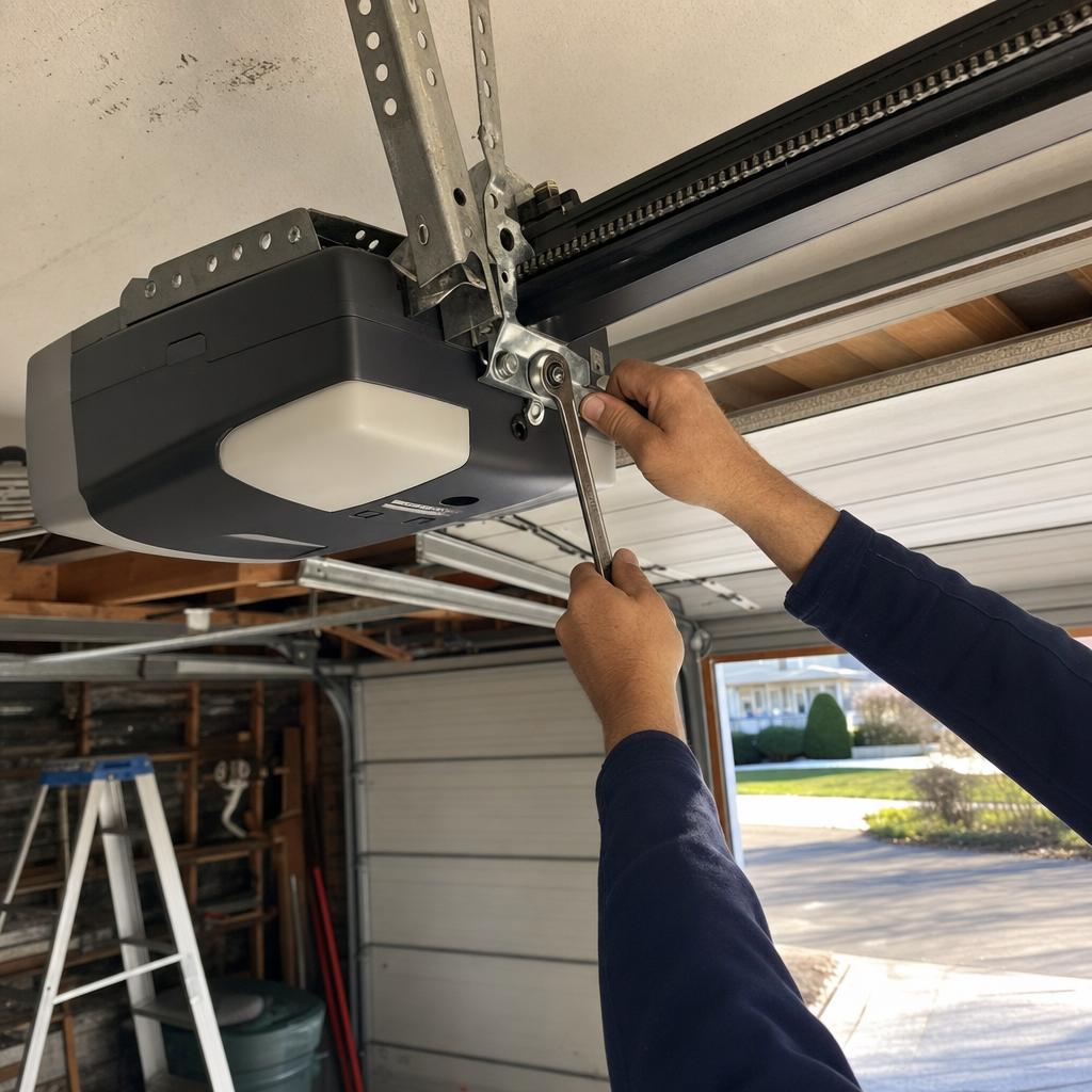 Technician performing professional garage door opener maintenance and repair