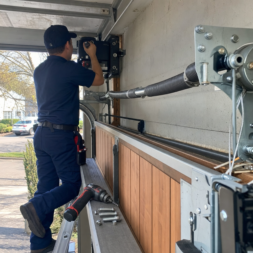 Technician performing professional garage door opener installation and repair