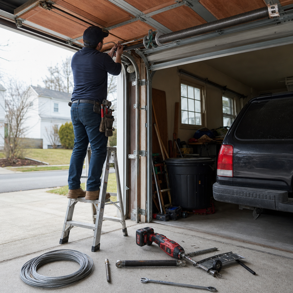 Technician performing professional garage door repairs and maintenance