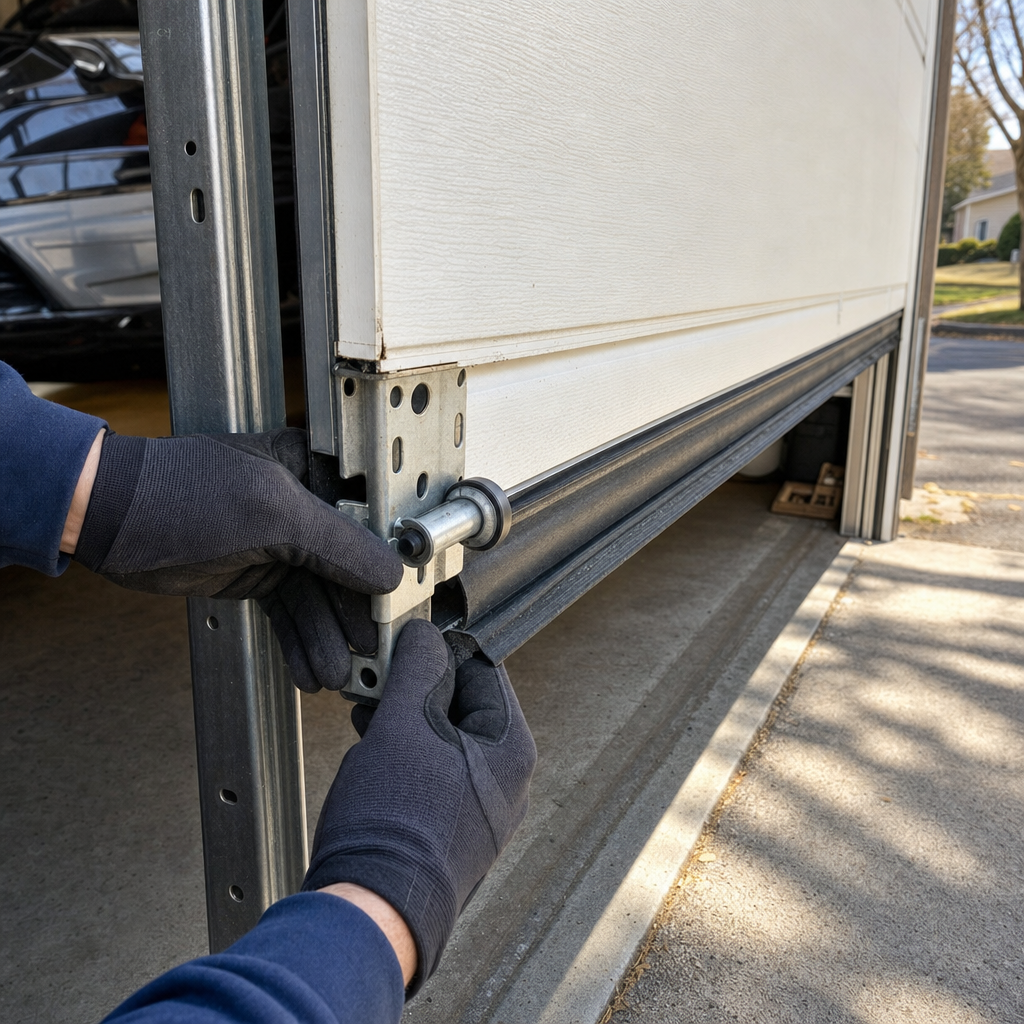 Technician performing professional garage door parts maintenance and repair service