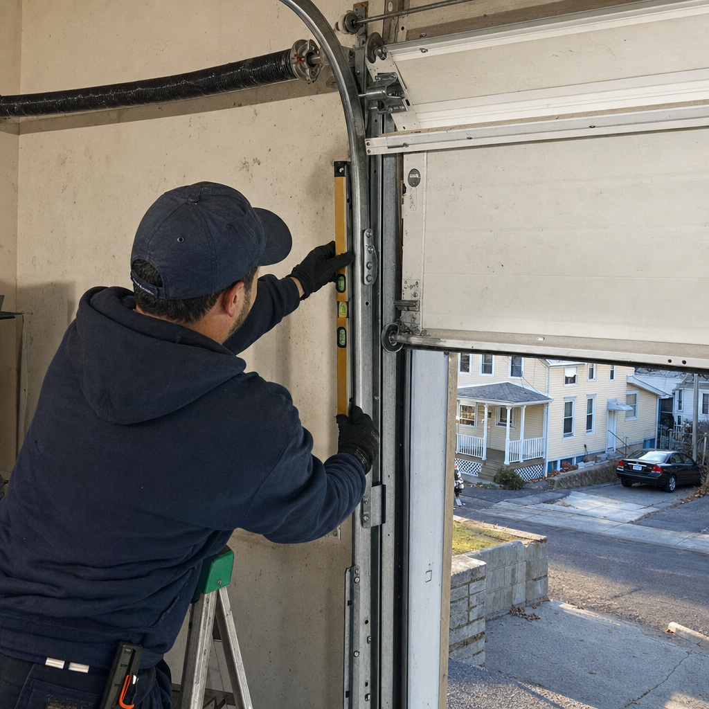 Technician checking garage door track alignment with a level tool