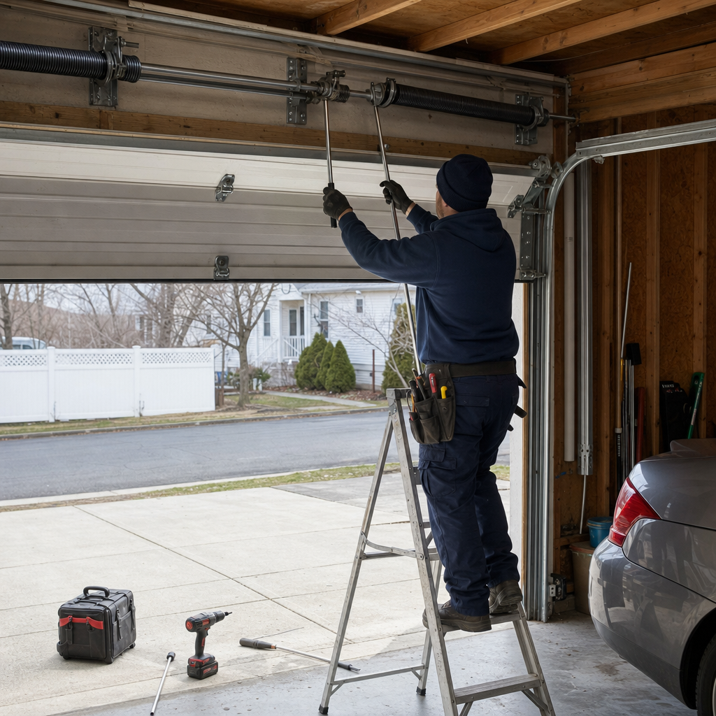 Professional technician performing garage door spring repair