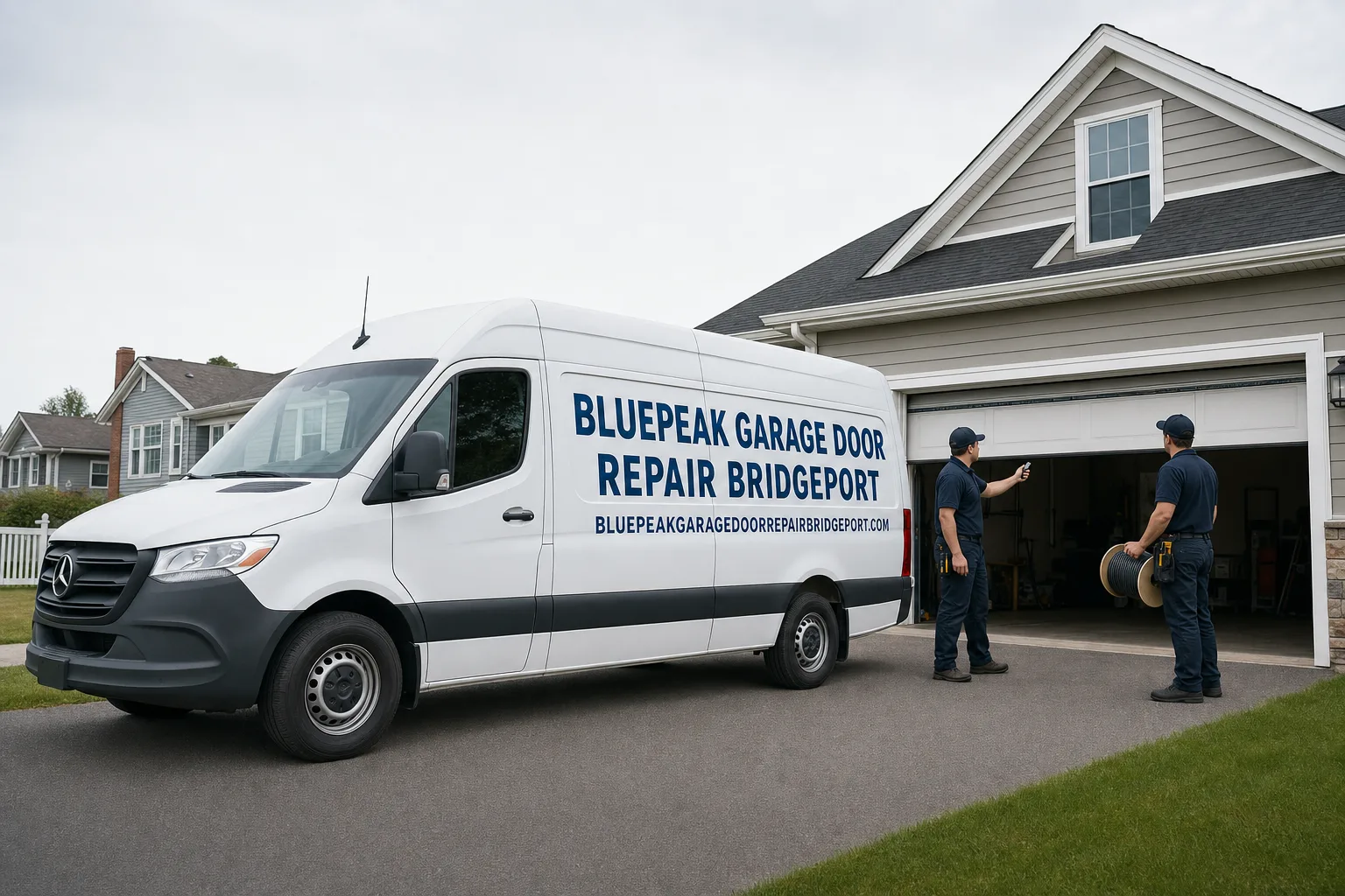 Bluepeak Garage Door Repair Bridgeport service vehicle and crew in Bridgeport, CT